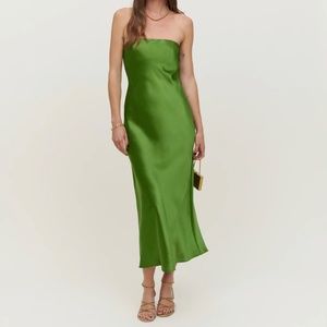 Reformation Joanne Silk Dress in Palm Green